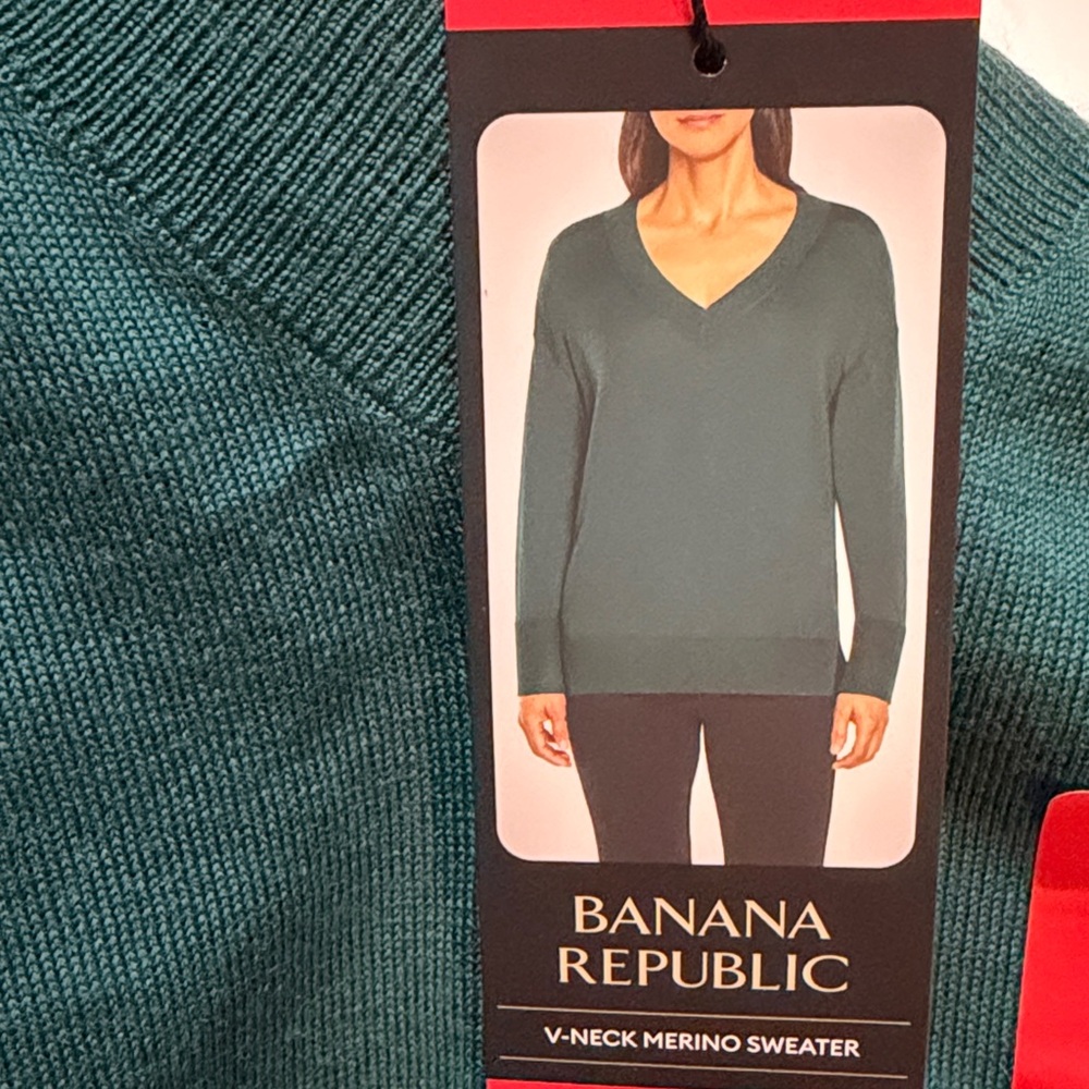Banana Republic Green V-Neck Sweater 100% Merino Wool M NWT